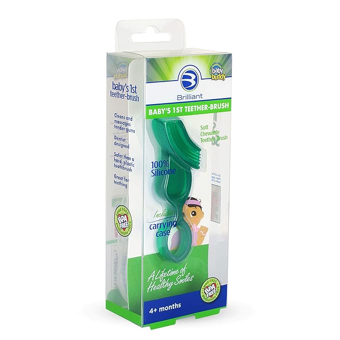Brilliant Oral Care Baby?Ös First Toothbrush, Smooth Silicone Bristles Gently Clean Tender Teeth and Gums 4+ Months, 1 Pack