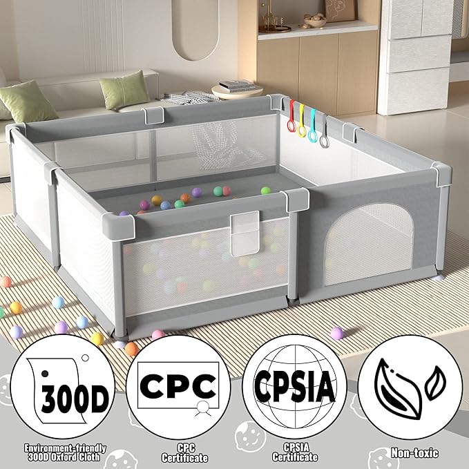 LUTIKIANG Baby Playpen, 79" X 71" Extra Large Playpen for Babies and Toddlers with Gates, Baby Play Yards, Baby Fence Play Area, Safety Indoor Baby Play Area with Ocean Balls (Grey)