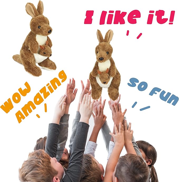 Hopearl Kangaroo Mama and Baby Joey Stuffed Animal Soft Plushie Toy Jungle Baby Shower Nursery Décor Zoo Animals for Toddlers Adorable Stuffed Kangaroos Gifts for Kids Boys Girls, Brown 11.5''