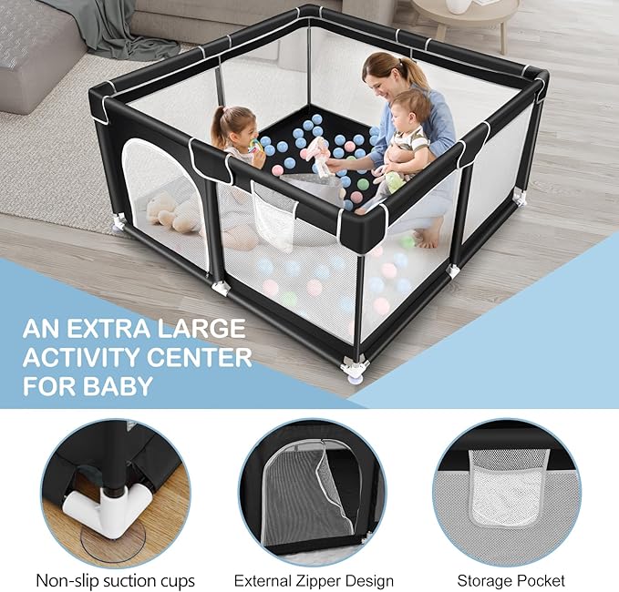 Tmsene Baby Playpen, Play Pens for Babies and Toddlers, Indoor & Outdoor Playard for Kids Activity Center, Sturdy Safety Baby Fence with Breathable Mesh, Black
