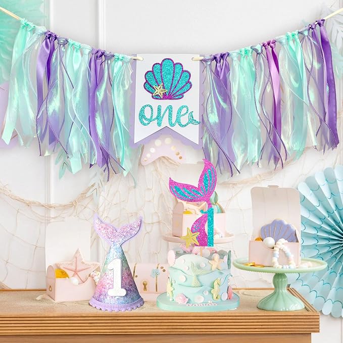 Mermaid 1st Birthday High Chair Banner Purple Party Decorations Mermaid