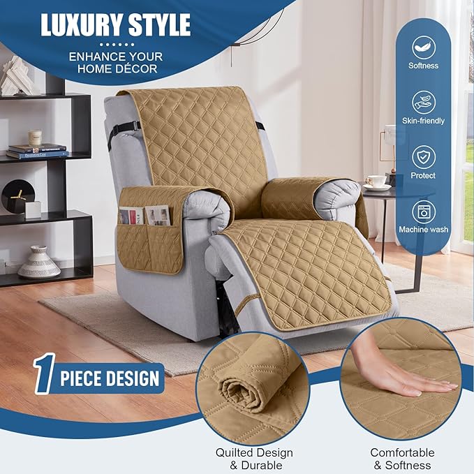 TAOCOCO 100% Waterproof Recliner Covers, Recliner Sofa Covers with Leg Straps, Reversible Recliner Couch Cover for Reclining Chair, Washable Couch Protector for Pets Kids(1 Seater 22", Camel)