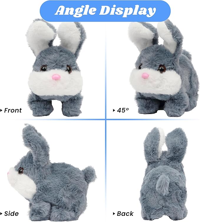 Hopearl Hopping Chubby Rabbit Interactive Electronic Pet Plush Bunny Toy with Sounds and Movements Animated Walking Wiggle Ears Twitch Nose Gift for Toddlers Birthday, Gray 7''