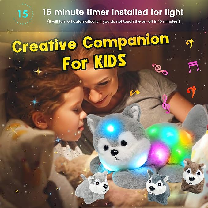 Hopearl LED Musical Stuffed Husky Lighting Up Singing Plush Toy Playset Mommy Dog with 3 Baby Puppies in her Tummy Lullaby Animated Soothe for Mom Toddler Girls, Gray 17''
