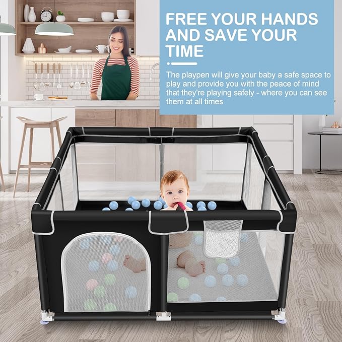 Tmsene Baby Playpen, Play Pens for Babies and Toddlers, Indoor & Outdoor Playard for Kids Activity Center, Sturdy Safety Baby Fence with Breathable Mesh, Black