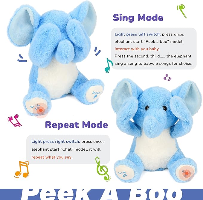Hopearl Peek A Boo Elephant Interactive Repeats What You Say Plush Elephish Toy Musical Singing Talking Stuffed Animal Adorable Electric Animate Birthday Festival, Blue 11.5''