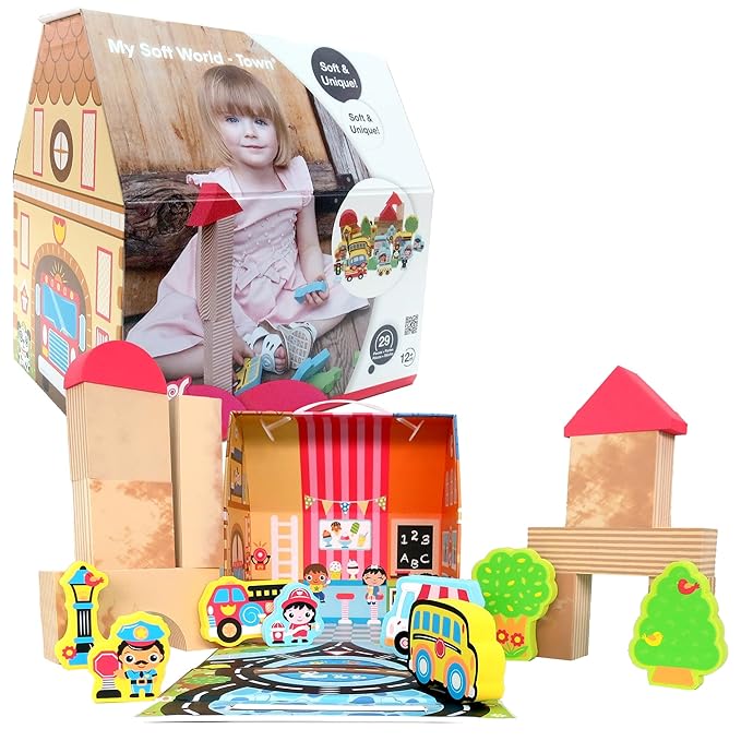 Edushape My Soft World Town Blocks for Toddlers 1-3 - Set of 29 Foam Blocks for Pretend Play, Creativity