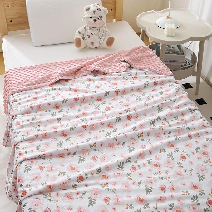 DaysU Silky Micro Soft Plush Baby Blankets for Girls with Print Floral Pattern and Soothing Raised Dots, Double Layer Bed Throws for Toddler Cot 50x60 Inches