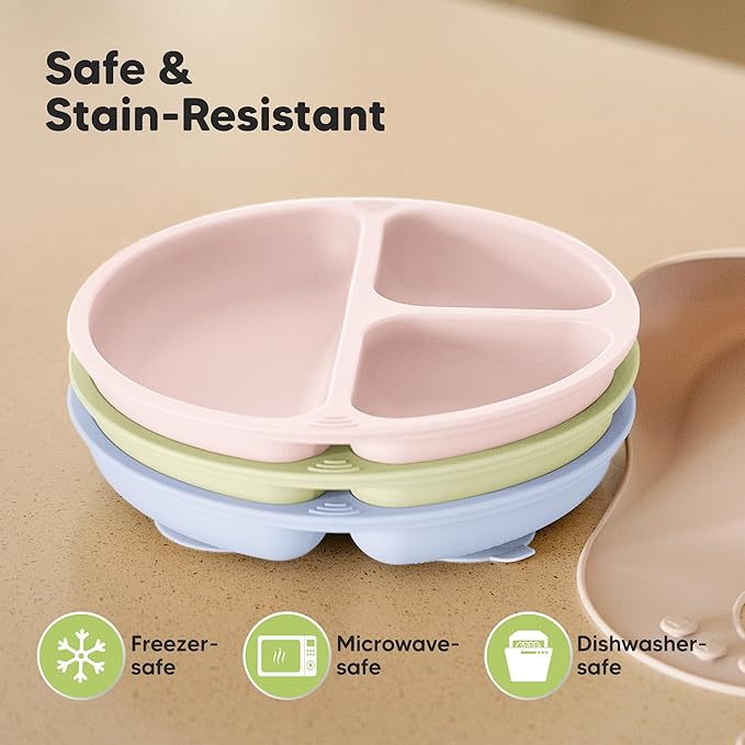 KeaBabies Suction Plates for Baby, Toddler - 3-Pack 100% Silicone Toddler Plates, Divided Baby Plates with Suction, Silicone Plates for Baby, Kids, BPA-Free, Microwave, Dishwasher Safe (Rain)