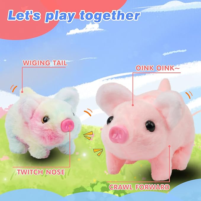 Hopearl Walking Piggy Pet Interactive Crawling Piglet Electronic Plush Toy Pig Oink Twitch Nose Wag Tail Animated Gifts for Toddlers Birthday, Rainbow 8''