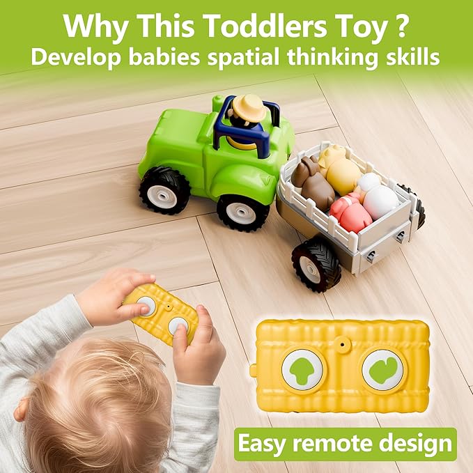 iPlay, iLearn Toddler Remote Control Farm Tractor Toy, Baby RC Trailer Truck Set, Music Pretend Farmer Animals Vehicle Playset W/Sound, Birthday Gifts for 18 24 Month 2 3 4 Year Old Kids Boys Girls