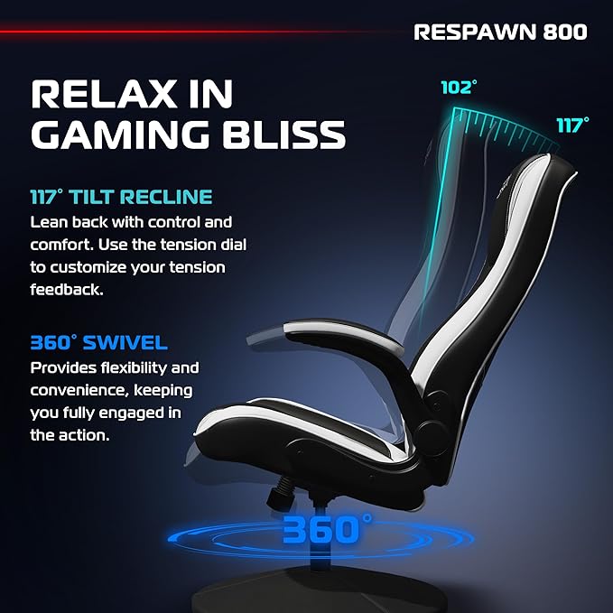 RESPAWN 800 Racing Style Gaming Rocker Chair, Rocking Gaming Chair, in White RSP 800 BLK WHT