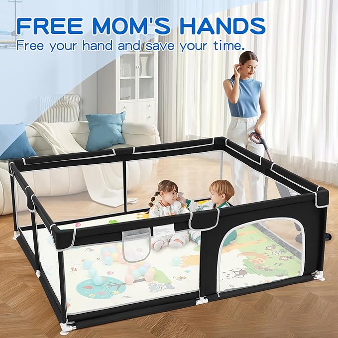 Suposeu Large Baby Playpen with Mat, Portable Baby Fence Area with Gate, Toddlers and Pets Play Yard with Non-Slip Mat, Safety Fence for Indoor and Outdoor Use(71x59 Inches, Black)