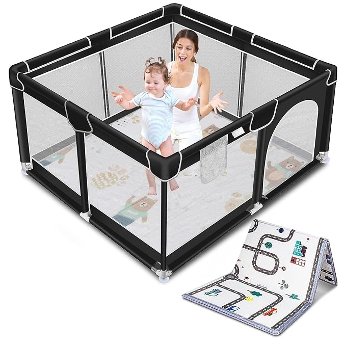 Suposeu Baby Playpen with Anti-Slip Mat for Indoor and Outdoor Playard Kids Activity Center with Gate, Portable Baby Fence Area for Babies and Toddlers, Black