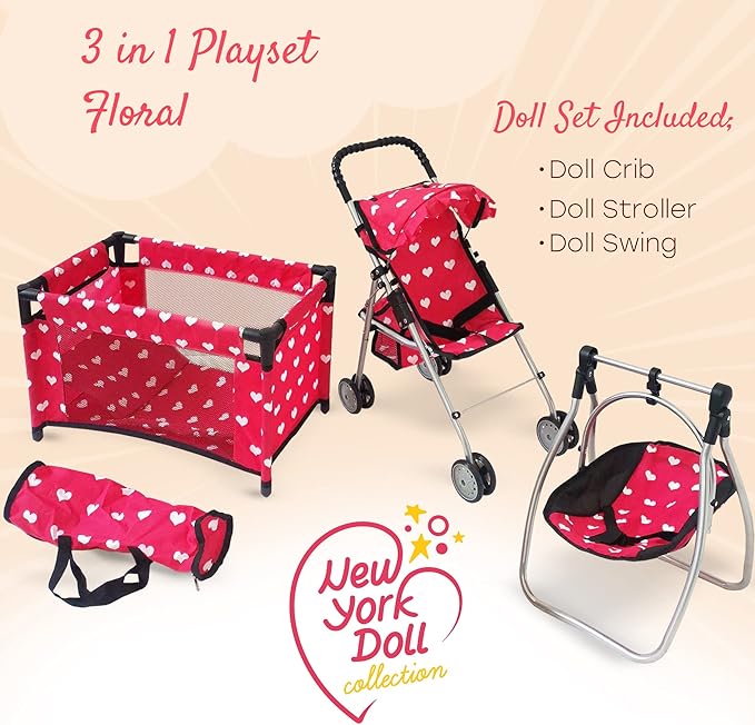 Baby Doll Accessories Set - 3-1 Baby Doll Furniture Set with Baby Doll Stroller, Baby Doll Crib 18” Doll 18" Dolls