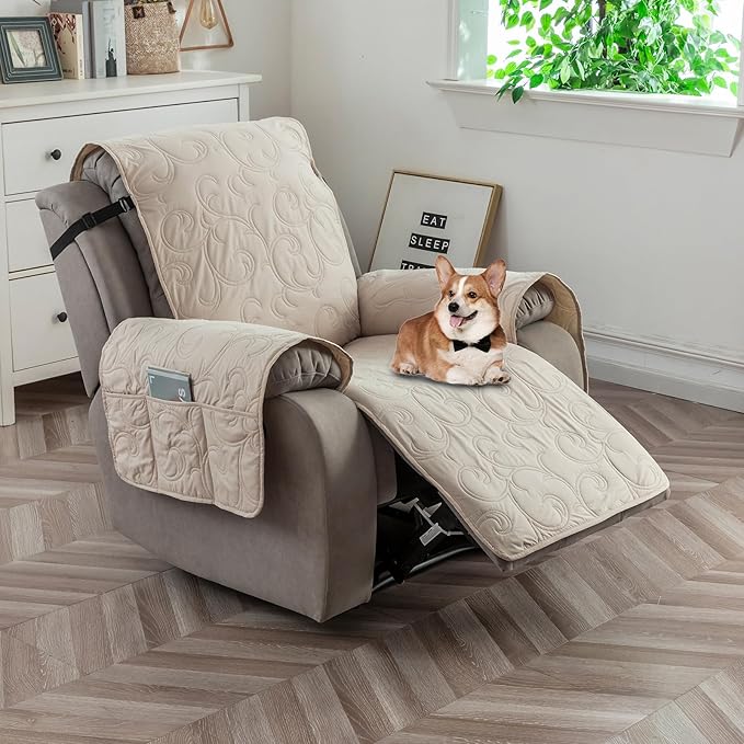 100% Waterproof Recliner Chair Cover, Recliner Chair Covers for Reclining Chair, Non-Slip Fabric Recliner Couch Cover for Living Room, for Pets Kids Protector, Washable (Beige, 28"Recliner Chair)