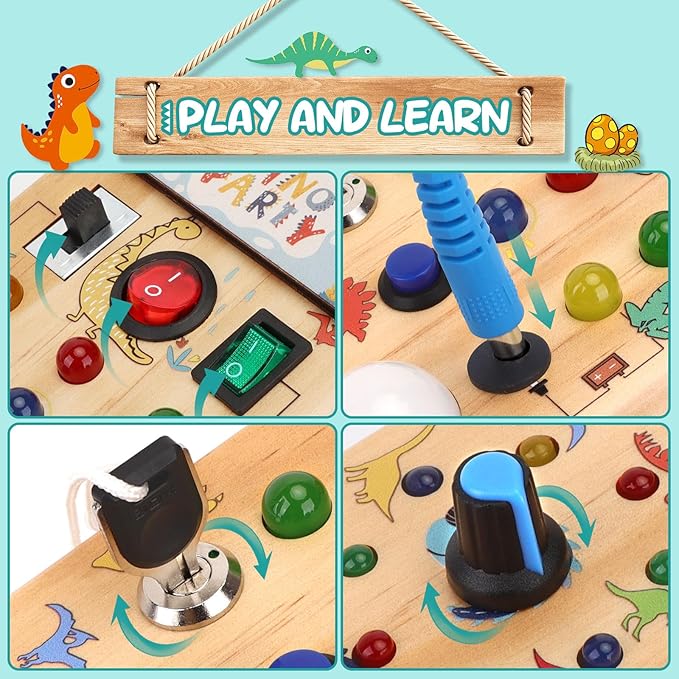 Dinosaur Light Switch Board - 8 LED Switches, Sensory Montessori 1+ Year