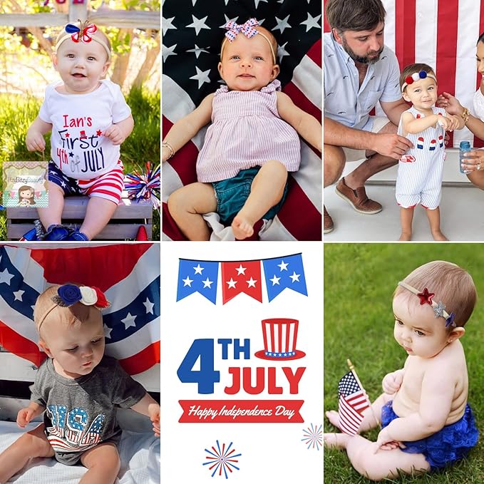 4th of July Baby Girl Bows, 10pcs America Flag Elastic Nylon Baby Headbands