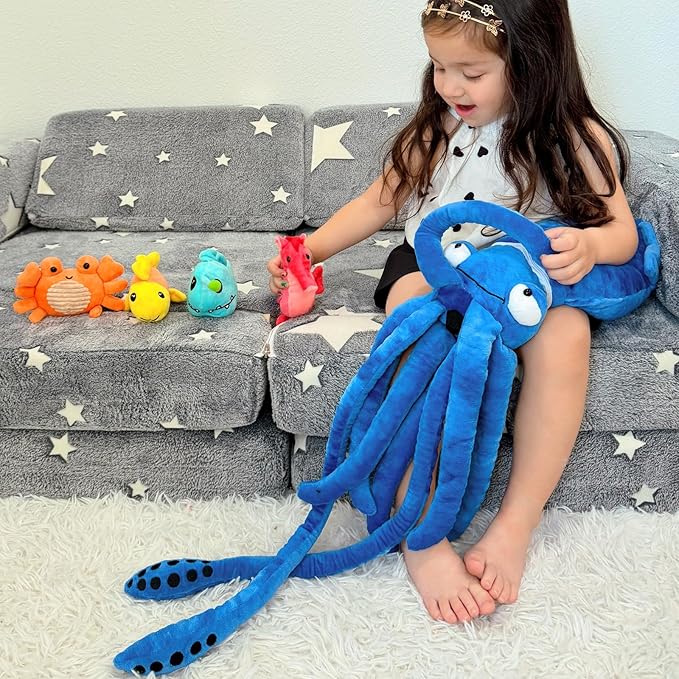 Giant Squid Stuffed Animal Toy 41.3 inches with Four pcs of Marine Animal Plush Dolls Clownfish,Crab
