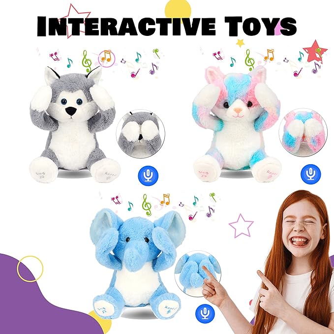 Hopearl Peek A Boo Elephant Interactive Repeats What You Say Plush Elephish Toy Musical Singing Talking Stuffed Animal Adorable Electric Animate Birthday Festival, Blue 11.5''