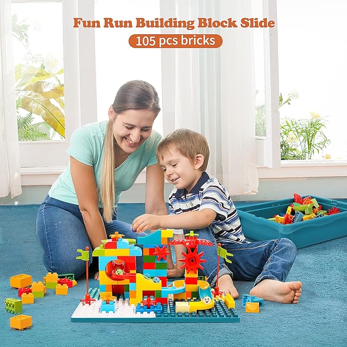 Double-Sided Kids Activity Table with Storage, 105pcs Large Marble Run Building Blocks Table 5-in-1 Multi 1 2 3 Year