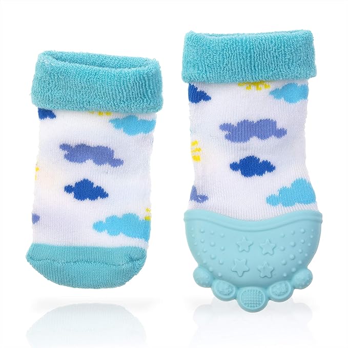 Nuby Soothing Teether Sock, Sky Blue Clouds 5"