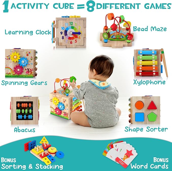 HELLOWOOD Wooden Activity Cube, 8-in-1 Montessori Toys for 1+ Year Old Boys & Girls 1-2, First
