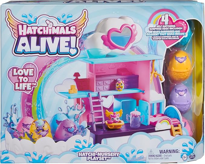 Hatchimals Alive, Hatchi-Nursery Playset Toy with 4 Mini Figures in Self-Hatching Eggs 13 Accessories, 3 and 4)