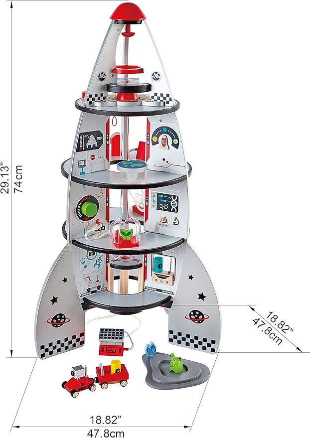 Hape Four-Stage 20 Piece Durable Wooden Rocket and Spaceship Toy for Children, L: 18.8 18.8, H: 29.1 inch
