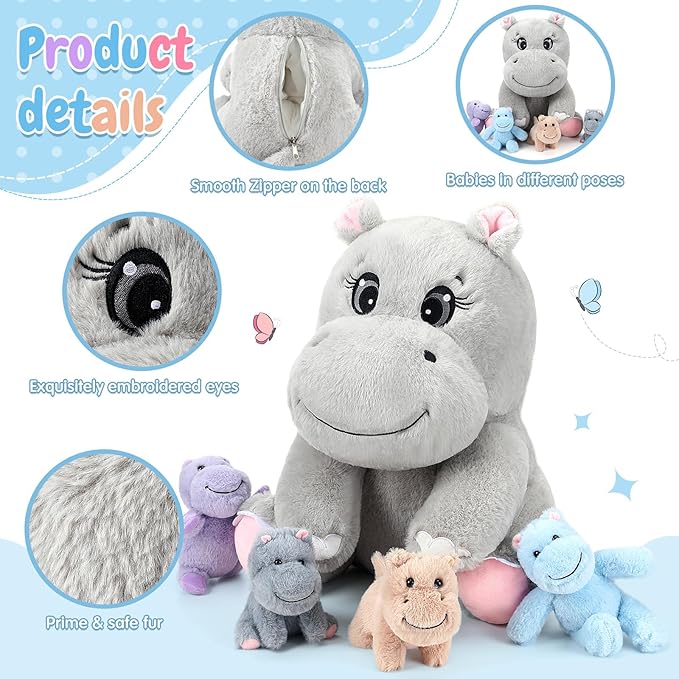 HyDren 5 Pieces Hippo Plush Toys Set Mom Hippo Stuffed 4 Baby