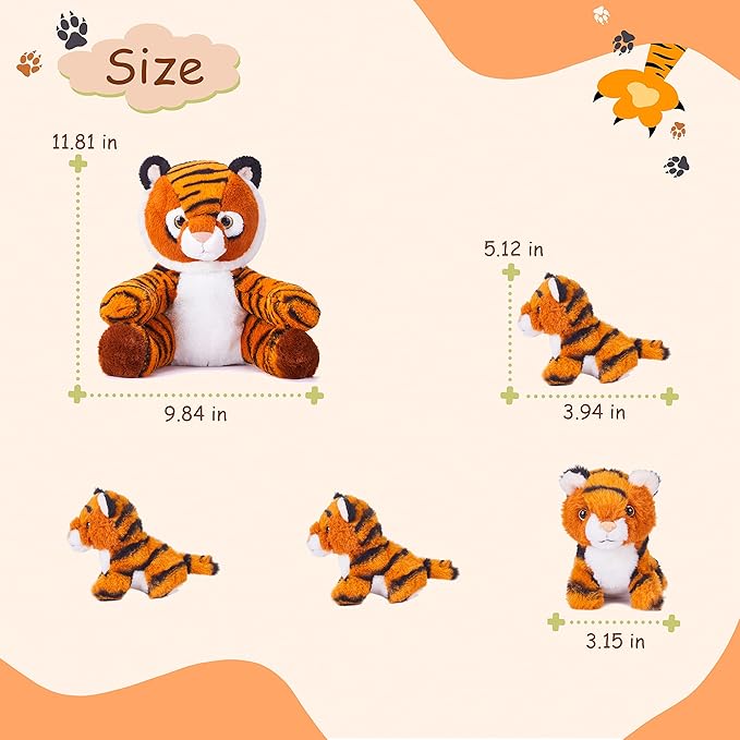 IKASA Mommy Tiger Stuffed Animal Mom and Baby Plush Toy,Cute 11” Soft Small Fluffy Mama Tiger Family Set Cuddly Huggable Toy with Little Mini Babies