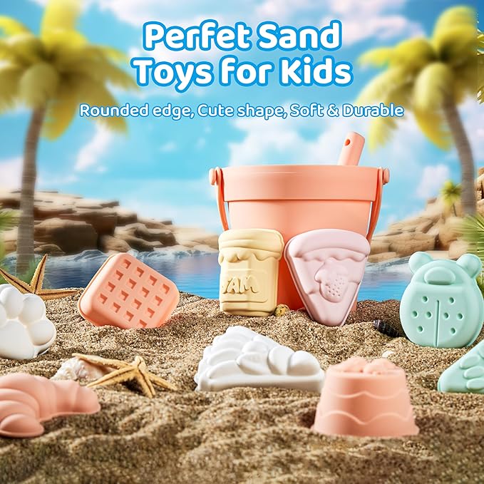 ISSEVE 23Pcs Beach Toys Set for Kids Toddlers Girls, Silicone Sand Toys Include Sand Bucket 12 Sand 3-12 (Peach)