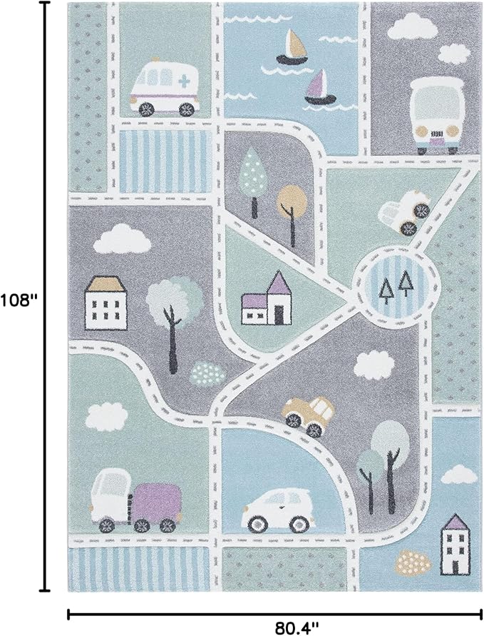 SAFAVIEH Carousel Kids Collection Area Rug - 6'7" x 9', Grey & Light Blue, Non-Shedding & Easy Care, Ideal for High Traffic Areas for Boys & Girls in Playroom, Nursery, Bedroom (CRK193F)