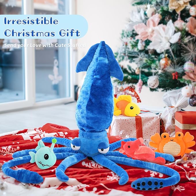 Giant Squid Stuffed Animal Toy 41.3 inches with Four pcs of Marine Animal Plush Dolls Clownfish,Crab