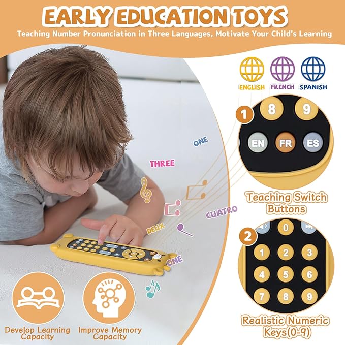Orzbow Baby Remote Control Toy for 6 Month+ with Silicone Teether Cover, TV Remote Toy with Realistic Light and Sound - English