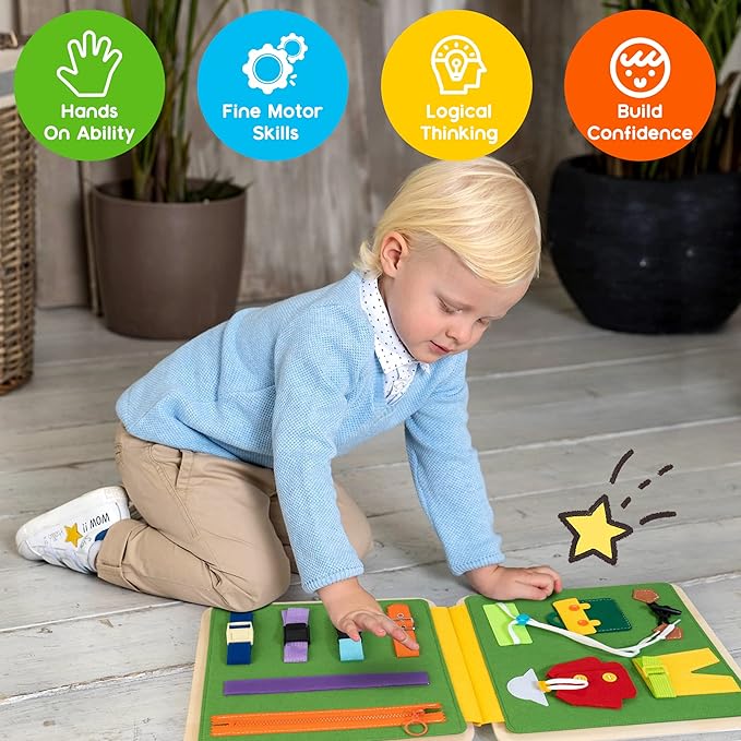 HELLOWOOD Wooden Busy Board for Toddlers 1-3 2-4, Montessori Learning Toy with 19 Eductional Activities