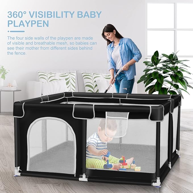 Tmsene Baby Playpen, Play Pens for Babies and Toddlers, Indoor & Outdoor Playard for Kids Activity Center, Sturdy Safety Baby Fence with Breathable Mesh, Black
