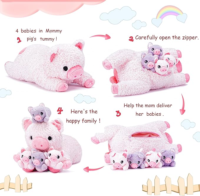 IKASA Mommy Pig Stuffed Animal Mom and Baby Plush Toy,Cute 16" Soft Small Fluffy Mama Family Set Toy with Little Mini Babies