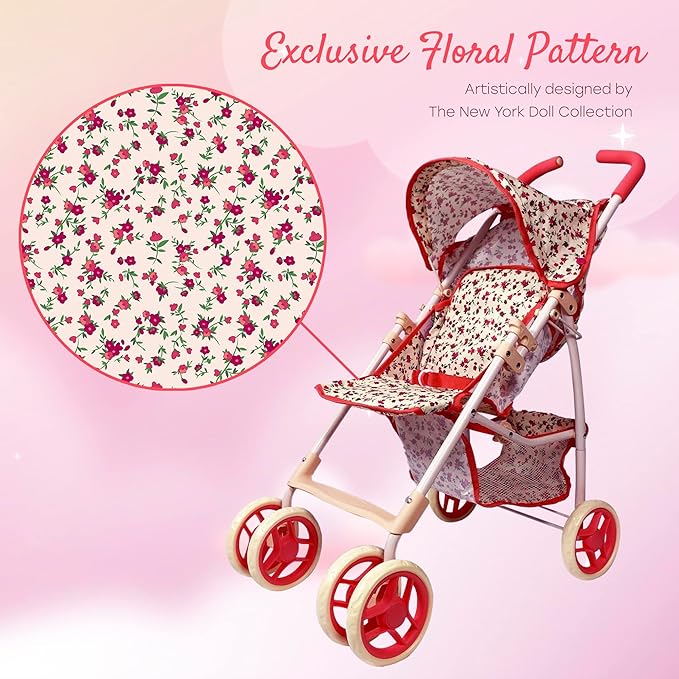 Baby Doll Stroller for Toddler Girls & Big Kids up to 8 Years Old | 28” Baby Stroller for Dolls, Toy Baby Stroller with Cute Coral Floral Print