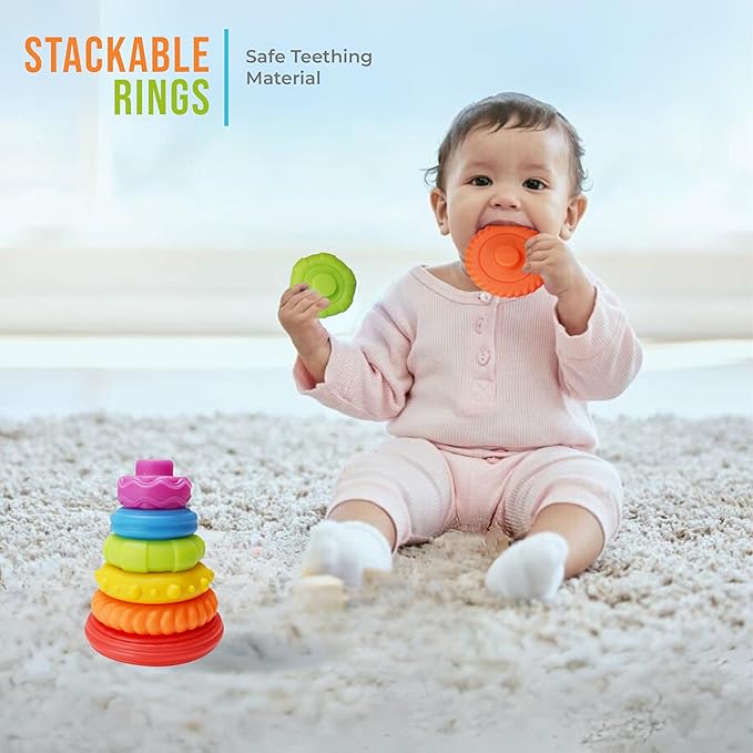 Montessori Silicone Teething Toys for Babies 6 Months + Sensory Developmental Educational Baby Toys Infants & Toddlers - Building Blocks, Stacking Rings (24 Pieces)