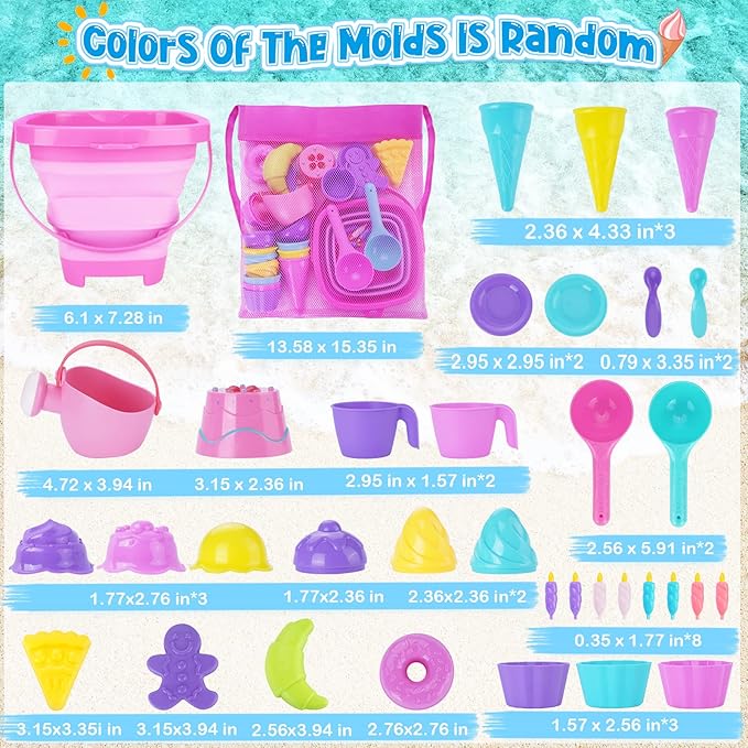 Ice Cream Beach Toys Sand Toys Set for Kids, Collapsible Sand Bucket and Shovels Set with Mesh Bag