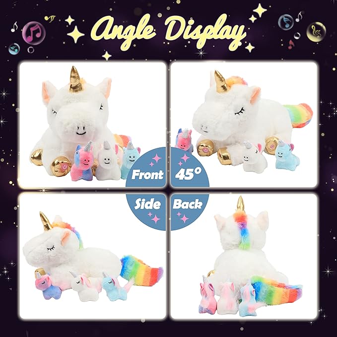 Hopearl LED Musical Stuffed Unicorn Playset Lighting Up Singing Plush Toy Mommy Unicorn with 3 Baby Unicorns in her Tummy Adjustable Volume Lullaby Animated Soothe Gifts for Kids Girls, White 19''