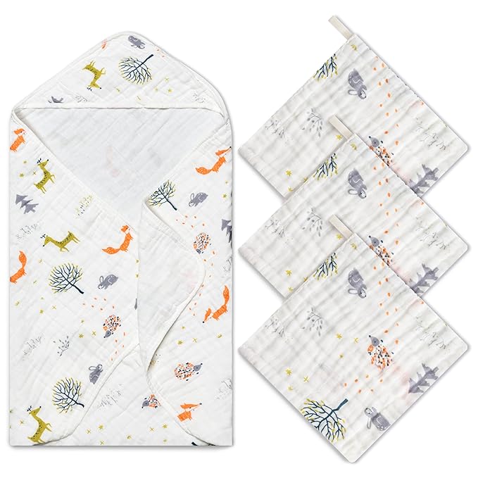 Zainpe 4Pcs Muslin Baby Hooded Towel & Washcloth Set Fox 31.5 x 31.5 in