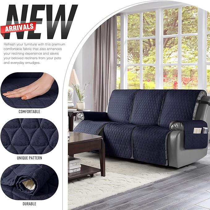 TAOCOCO 100% Waterproof Recliner Sofa Cover-Non Slip Split Couch Covers for Reclining Couches with Elastic Straps,Couch Covers for 3 Cushion Couch Sofa Pet Friendly(Dark Blue, 3 Seater)