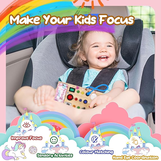 Unicorn Wooden Busy Board Sensory Toys with 8 LED Light 1 Year