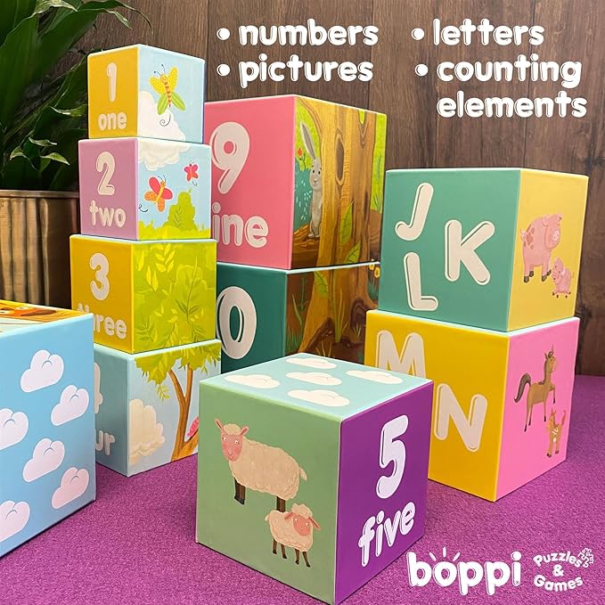 Baby Stacking Blocks Farmyard Animal Toys with Letters and Numbers, Montessori Cubes for Toddlers