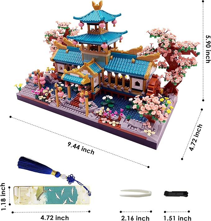 Alizdd Micro Building Blocks Set,Chinese Suzhou Garden Architecture and Cherry Blossom Bonsai Tree Building Toys for Adults,Japanese Sakura House Model,Creative Mini Bricks Gift for Kids 14+,2350 pcs