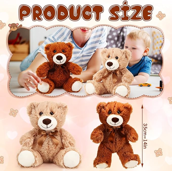 Libima 6 Pcs Operation Valentine's Day Bear Stuffed Animal Plush Toys 14 Inch Soft Bear Plush Dolls Bear Sleeping and Playing Toys for Baby Shower Decorations Boys Girls, Brown