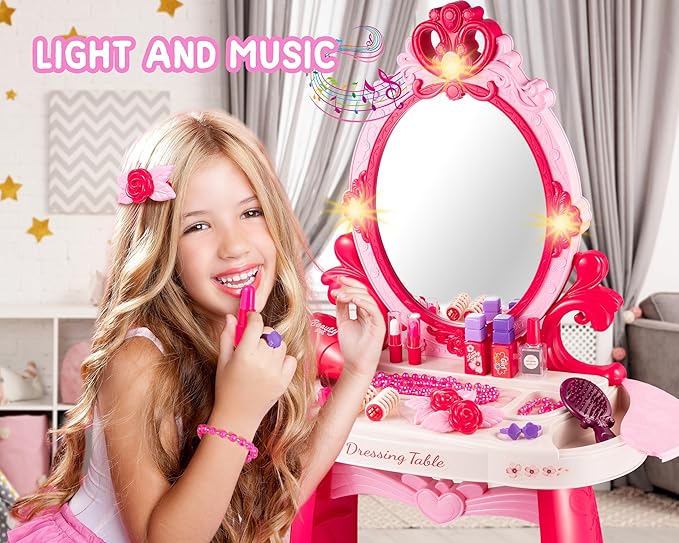 Toddler Vanity Makeup Table Toy with Mirror&Chair,Kids Vanity Set Toddlers2 3 4 5 6Years Old