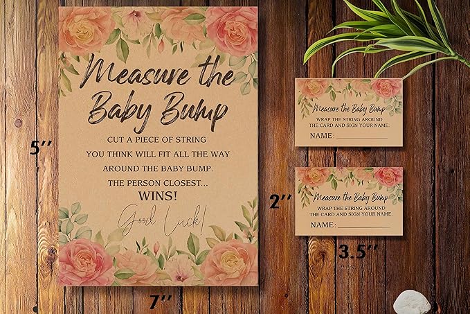 1 Measure the Baby Bump Kraft Sign & 50 Guessing Cards Set, Gender Neutral Baby Shower Games/076KF
